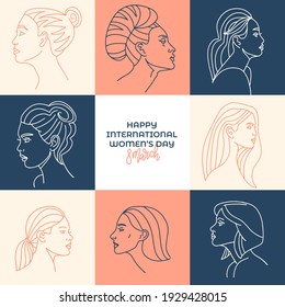 Pastel international women's day illustration for greeting card. Collection of profile portraits of women characters. Linear faces mosaic. Line hand drawn vector illustration