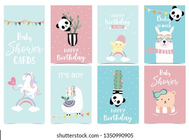 pastel invitation cards with unicorn,star,bear,llama and panda