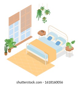 Pastel isometric bedroom with a window, on white. Vector illustration in flat design, isolated.