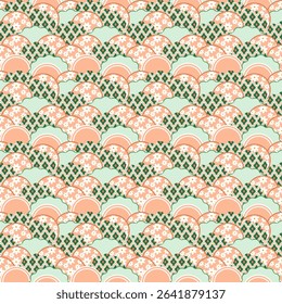 Pastel Japanese Wave Pattern with Geometric Diamonds: A Decorative Repeat Design Featuring Peach and Mint Scallops with Dark Green Accents