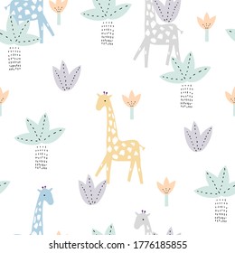 Pastel Jungle Seamless Pattern. Childish Cute Print. Vector Hand Drawn Illustration.