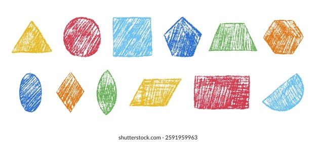 Pastel kids geometric shapes with crayon brush texture. Colored pencil hand drawn figures. Circle, triangle, square, trapezoid, rhombus and other. Vector illustration isolated on a white background.