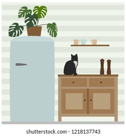 Pastel kitchen interrior with fridge and cupboard. Vector illustration.