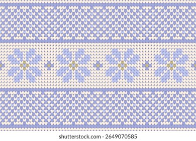 Pastel knitted pattern with snowflake motifs in lavender, cream, and gold. Perfect for winter designs, cozy fabrics, Scandinavian crafts, holiday decor, and digital art.