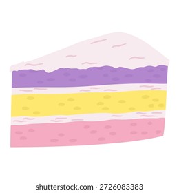 Una rebanada de pastel en capas con textura crema suave y capas de esponja coloridas, que representan temas de postre, panadería y comida dulce.