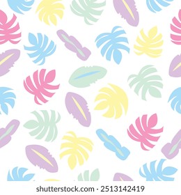 pastel leaves seamless pattern, Flowers tropical, foliage seamless pattern. Pastel colors leaves surface repeat pattern. Suitable for decorations, wrapping, and fabric, textile and more.