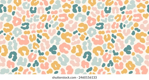 Pastellfarbenes Leopardenfell druckt nahtloses Muster. Cheetah Haut flachen Stil Hintergrund in Retro Boho Farben. Handgezeichneter geschlechtsneutraler pastellfarbener Leopardendruck-Hintergrund. Nettes und lustiges Kinder Safari Design.