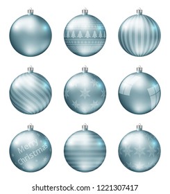 Pastel light blue christmas balls isolated on white background. Photorealistic high quality vector set of christmas baubles.
