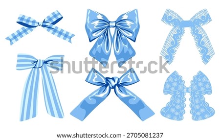 pastel light Blue Ribbon Clipart Set, Shiny, Lace, Gingham, and Striped Bow Illustrations