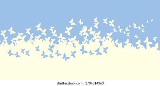 Pastel light butterfly flock on horizontal header. Elegant simple silhouette fly vector composition.
