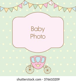 Pastel light green colour retro polka dot background with frame for baby photo, multicolored buntings garlands and carriage. Vector illustration. Can use as baby arrival card or photo frame