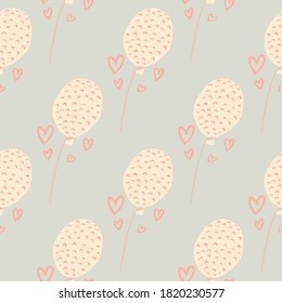 Pastelllichter lieben nahtlose Muster mit Ferienballons. Geburtstagstalentindrucke mit rosafarbenem Ornament und Herzen auf blauem Hintergrund. Perfekt für Tapeten, Textilien, Wickelpapier, Stoffdruck.