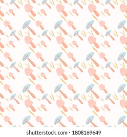 Pastel light mushroom seamless pattern. Isolated wild nature fungus print in pink and blue soft tones on white background. For wallpaper, textile, wrapping paper, fabric print. Vector illustration.