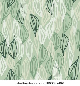 Pastel light seamless pattern with white and green contoured leaf ornament. Soft green background. Decorative print for wallpaper, textile, wrapping paper, fabric print. Vector illustration.