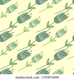 Pastel light spring seamless botanic pattern with flower silhouettes. Light background with blue and green tulip outline elements. Decorative print for wallpaper, wrapping, textile, fabric. Vector
