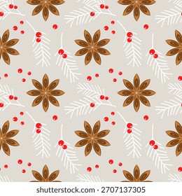 Pastel light winter pattern with stars anise for greeting cards and wrapping paper. Merry Christmas and Happy New Year. 