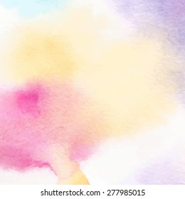 Pastel light yellow pink violet white abstract illustration. Watercolor hand drawn paper vector texture. Wet brush painted smudges and stains wallpaper. Design card banner, template, print, decoration