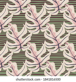 Patrón de doodle sin fisuras Pastel lilac con hojas abstractas creativas de monstera. Fondo rayado verde y marrón. Fondo decorativo para el diseño de tela, textil, envoltura, cubierta. Ilustración del vector
