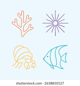 Pastel line icons of coral, sea urchin, hermit crab, and angelfish in minimal aquatic style.