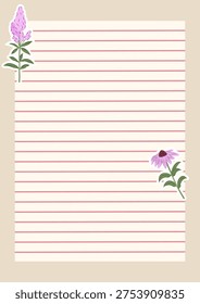 Pastel lined notebook paper with decorative flower stickers. Cute stationery template with copy space for journaling, planning, study notes and diary pages.