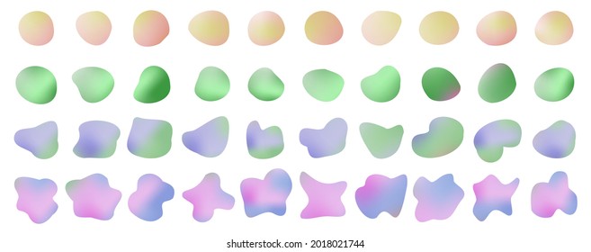 Pastel liquid shapes, hologram elements, mixed color plastic shapes or various organic bubbles for modern design. Abstract 3d vector fluid gradients, splashes or blob brush doodles