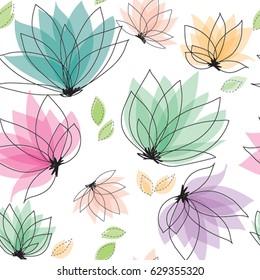 Pastel Lotus Flowers Seamless Repeating Spring Vector Illustration