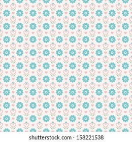 Pastel loving wedding vector seamless pattern (tiling). Fond pink, green, white and blue colors. Endless texture can be used for printing onto fabric and paper or invitation. Heart, flower.