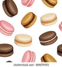 Pastel macarons set vector seamless pattern on white isolated background. EPS10 file. Food design for menu, textile, wrapping paper, wedding.