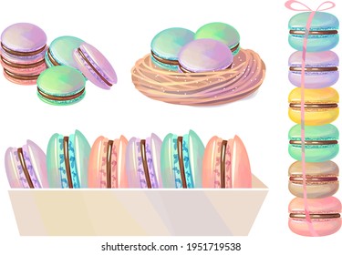 Pastel macaroons packed in box. Traditional French dessert on white background. Illustration for food projects and cafe menu.