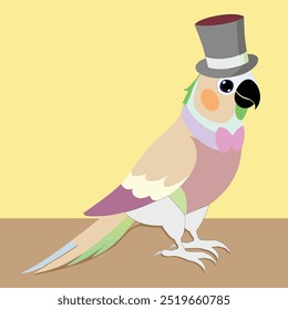 Pastel macaws soften the details.Parrott wear top hat, More colorful flat design.Yellow and brown backgorund.
