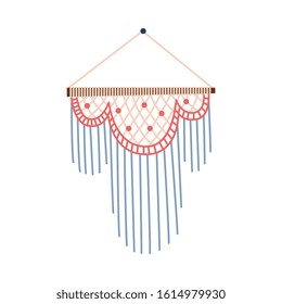 Pastel macrame wall hanging decoration, hand craft diy ornament for interior design, Japanese native art of geometric knit work. Isolated flat vector illustration on white background