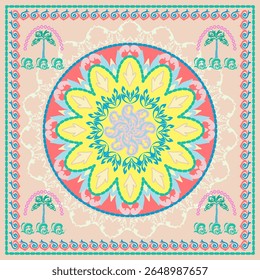 Pastel mandala floral pattern damask, decorative palm tree borders. Ornamental design combines Mediterranean and tropical styles. For scarf design, digital textiles, wall art, summer themed projects.