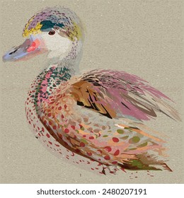 Pastel Mandarin duck surrelism overlap transparent with risograph effect graphic illustrated.