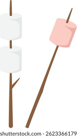 Pastel marshmallow on wooden Stick concept outdoor activity, picnic dessert, sweet snack food illustration vector flat design.
