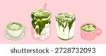 Pastel Matcha Drink Vector Set with Latte and Iced Beverages
