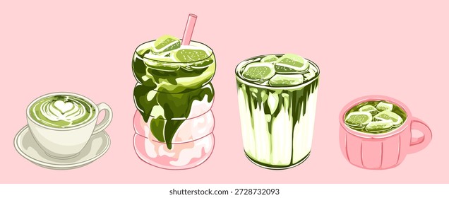 Pastel Matcha Bebida Vetor Conjunto com Latte e Bebidas Geladas
