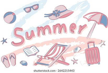 Pastel Mediterranean summer vector illustration with beach elements like hat, suitcase, umbrella, and flip-flops in soft pink tones
