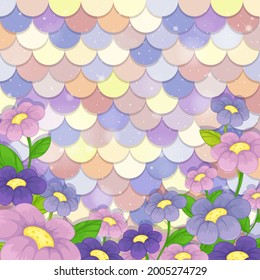 Pastel mermaid scale pattern with many flowers illustration