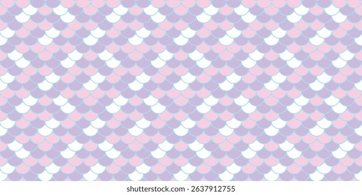 Pastel mermaid scales pattern.  Seamless design with soft pink, lilac, and white hues. Perfect for backgrounds, textiles, and feminine branding.  Evokes dreams, fantasy, and tranquility.