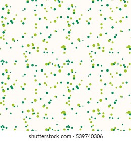 Pastel messy dots on white background. Green festive seamless pattern with round shapes. Grunge dotted texture for wrapping paper, web. Vector illustration.