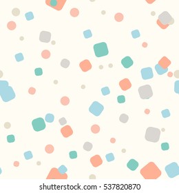 Pastel messy round rectangles and dots on creme background. Festive seamless pattern with orange, pink, blue, gray, green round shapes. Grunge dotted texture. Vector illustration.