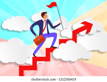 pastel minimal colored businessman with briefcase and flag stands on growing up Arrow  above white paper clouds