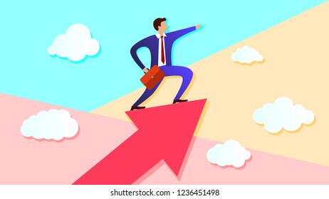 pastel minimal colored businessman stands on growing up Arrow and points forward in direction of movement