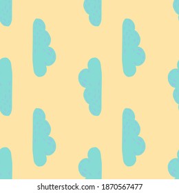 Pastel minimalistic seamless pattern with blue cartoon clouds. Orange light background. Decorative backdrop for fabric design, textile print, wrapping, cover. Vector illustration.