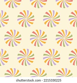 Patrón minimalista pastel sin fisuras con caramelos de arco iris circular sobre un fondo beige. Impresión de navidad retro vintage en estilo 60, 70. Ilustración del vector