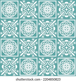 Pastel mint Azulejo design for ceramic tiles and wall design, traditional spanish background white blue color, vector illustration