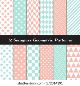 Pastel Mint and Coral Geometric Seamless Patterns. Soft Color Backgrounds in Diamond, Chevron, Polka Dot, Checkerboard, Stars, Triangles, Herringbone and Stripes. Pattern Swatches with Global Colors.