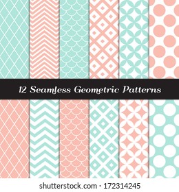 Pastel Mint and Coral Geometric Seamless Patterns. Retro Mod Backgrounds in Jumbo Polka Dot, Diamond Lattice, Scallops, Quatrefoil and Chevron. Pattern Swatches made with Global Colors.