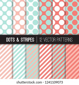 
Pastel Mint and Coral Jumbo Polka Dot and Stripes Vector Patterns. Pastel Color Backgrounds for Wedding or Bridal or Baby Girl Shower Invites. Repeating Pattern Tile Swatches Included