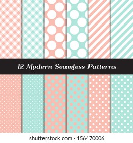 Pastel Mint And Coral Jumbo Polka Dots, Gingham And Stripes Seamless Patterns. Perfect For Blog Background Or Bridal Or Baby Shower Decor. Pattern Swatches Made With Global Colors.